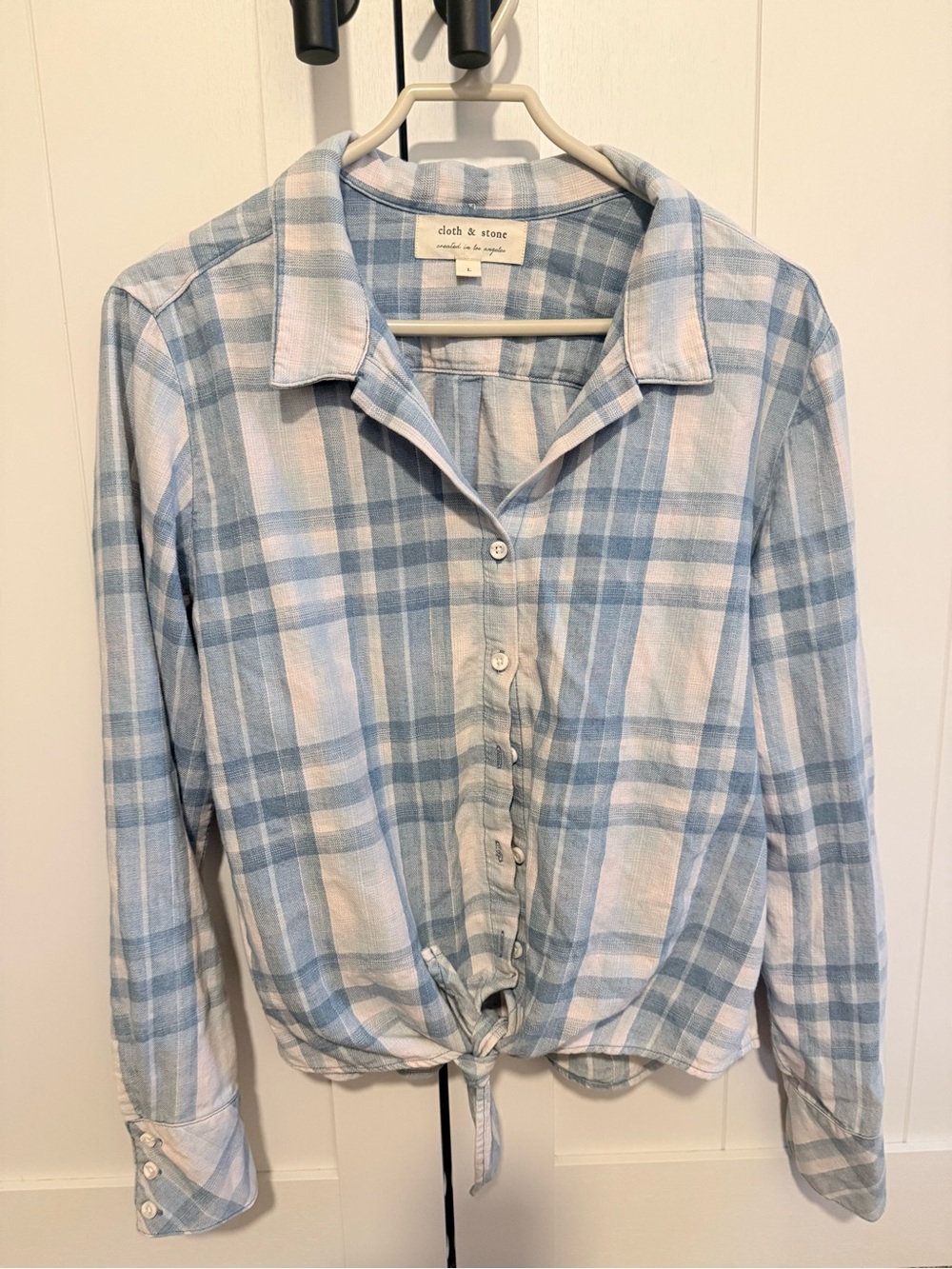 cloth & stone by Anthropologie Blue and White Plaid Button-Up Tie Front Shirt